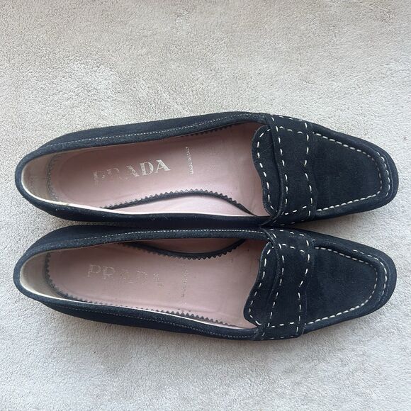 Prada Black Suede Cream White Stitching Loafer Flat Women EU 38 US 7.5-8 Classic - Picture 7 of 15